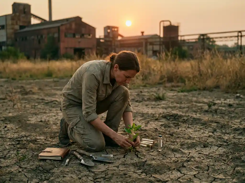 Field researcher kneeling on cracked dry earth beside a green seedling, with soil testing tools and notebook nearby at golden hour.