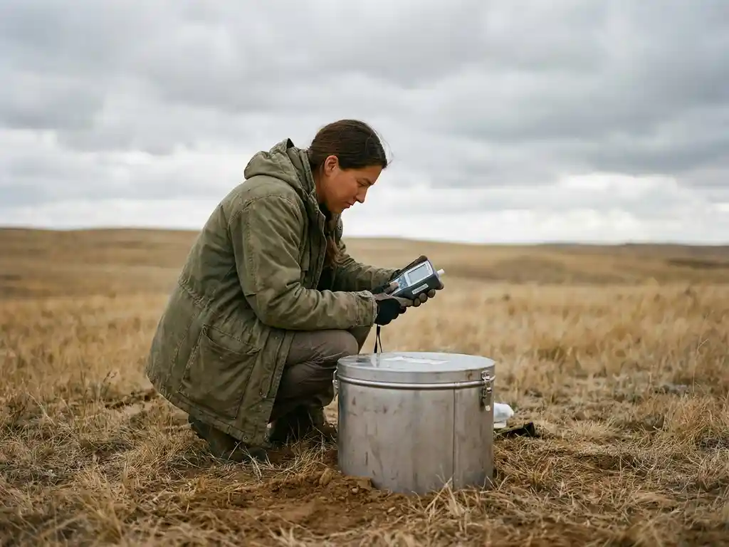 Field scientist crouching beside a metallic flux chamber on dry grassland, reading a handheld gas analyzer under an overcast sky.