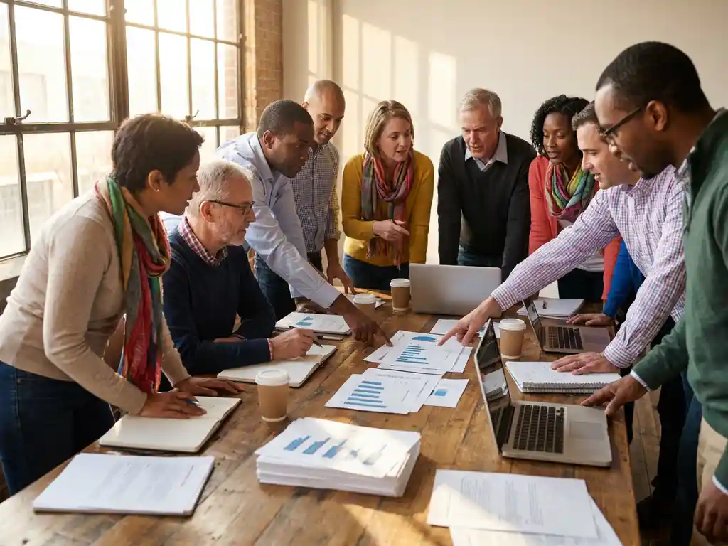 International researchers collaborating around wooden conference table with papers, laptops, and data charts in sunlit meeting room