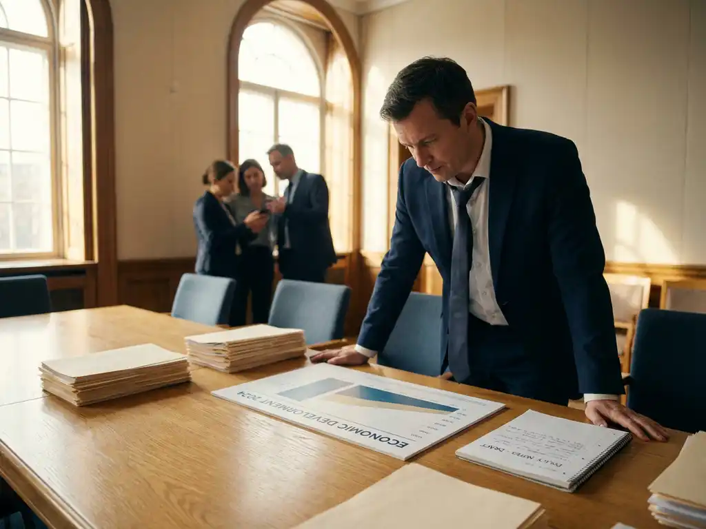 Government official in a tailored suit reviewing policy reports and development charts at a conference table with colleagues in discussion.