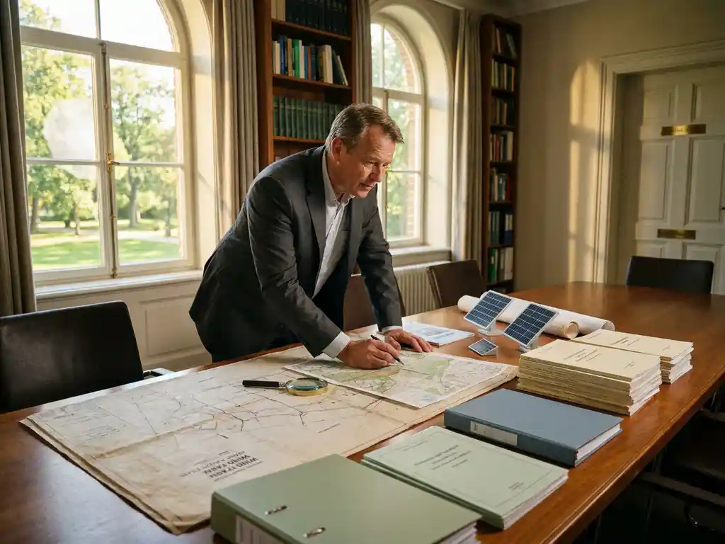 Government official in a tailored suit reviewing wind farm architectural plans on a conference table with solar panel models and research documents nearby.
