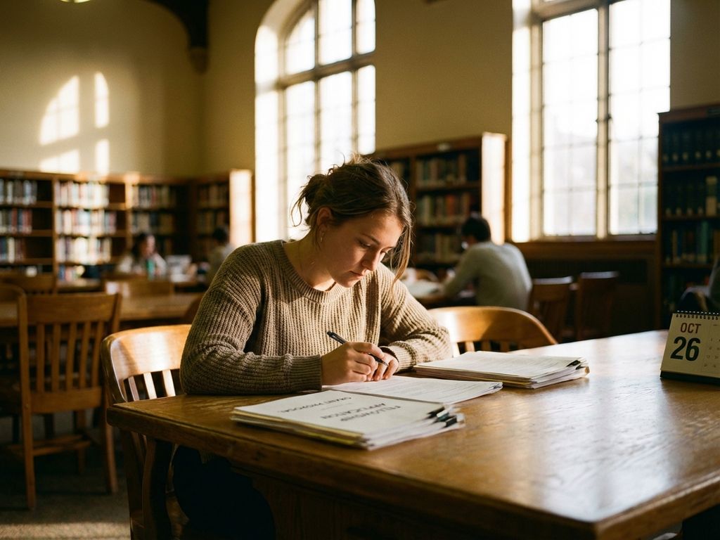 Graduate student reviewing fellowship and grant application documents at wooden library table with pen in hand.