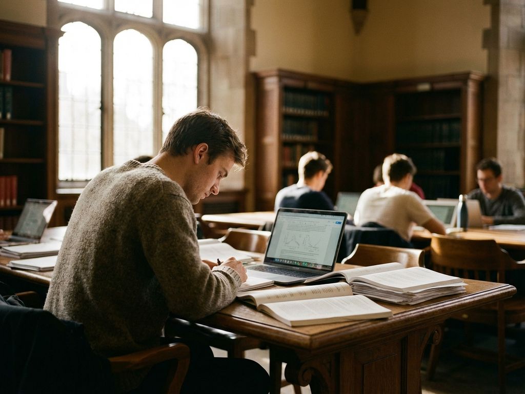 Graduate student reviewing research documents and applications at wooden library table with laptop and academic journals