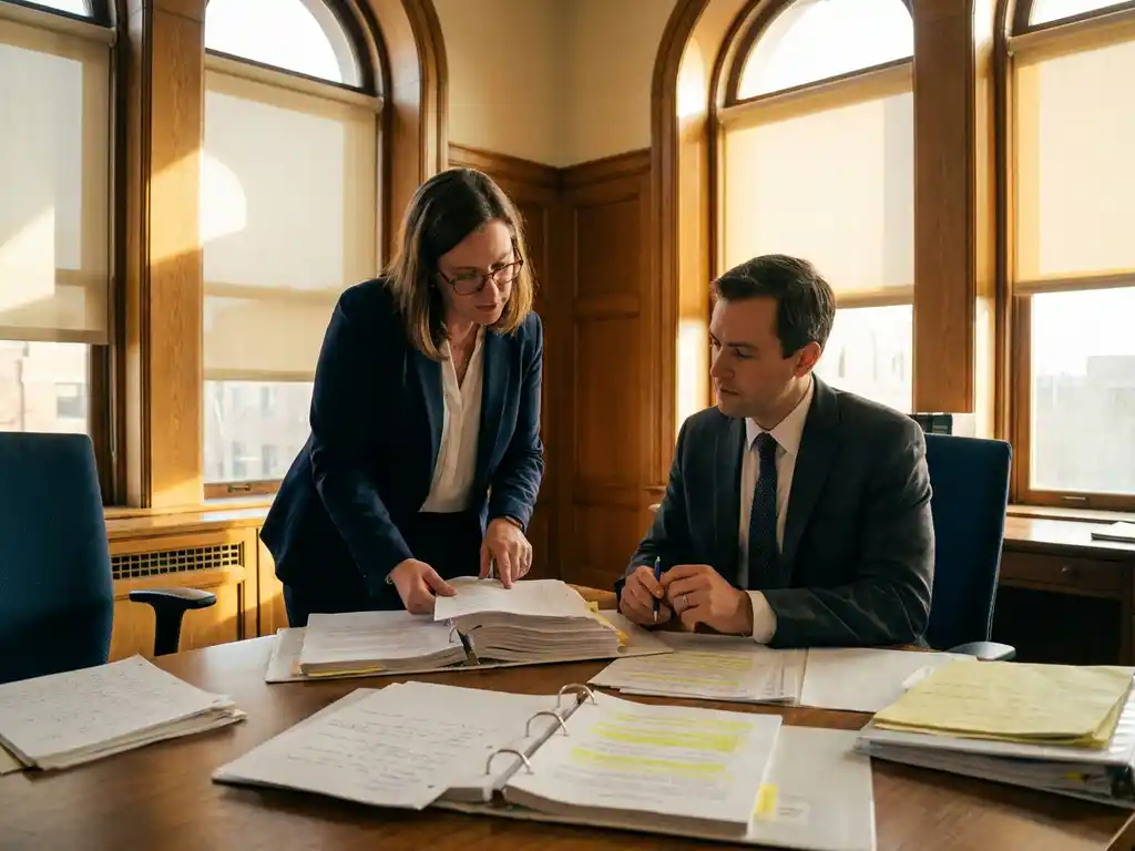 Researcher and consultant reviewing a grant application document at a wooden desk, handwritten notes and highlighted pages spread between them.