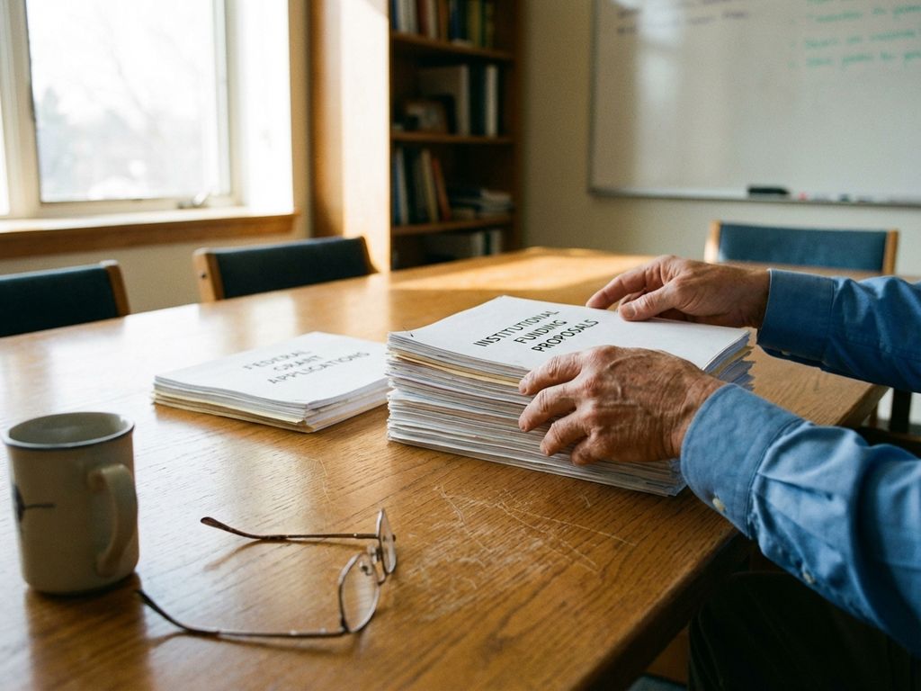Researcher's hands arranging institutional funding documents and federal grant paperwork on wooden conference table with coffee cup nearby.