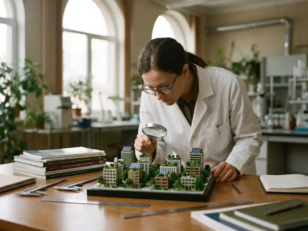 Researcher in white lab coat examining detailed green city architectural model with solar panels and rooftop gardens on wooden table