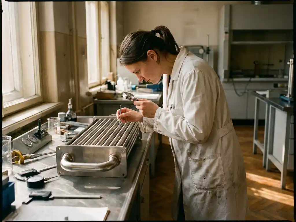Scientist in white lab coat examining metal heat exchanger with intricate fins and tubes on laboratory bench with precision instruments
