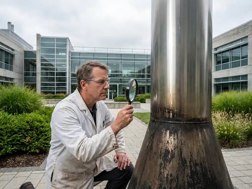 Researcher in white lab coat examining industrial smokestack with magnifying glass at modern facility with green landscaping