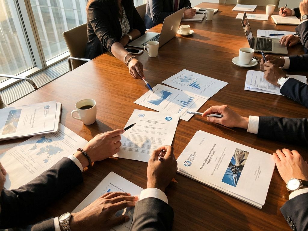 Diverse hands collaborating over research documents and data charts on wooden conference table with UN logos visible