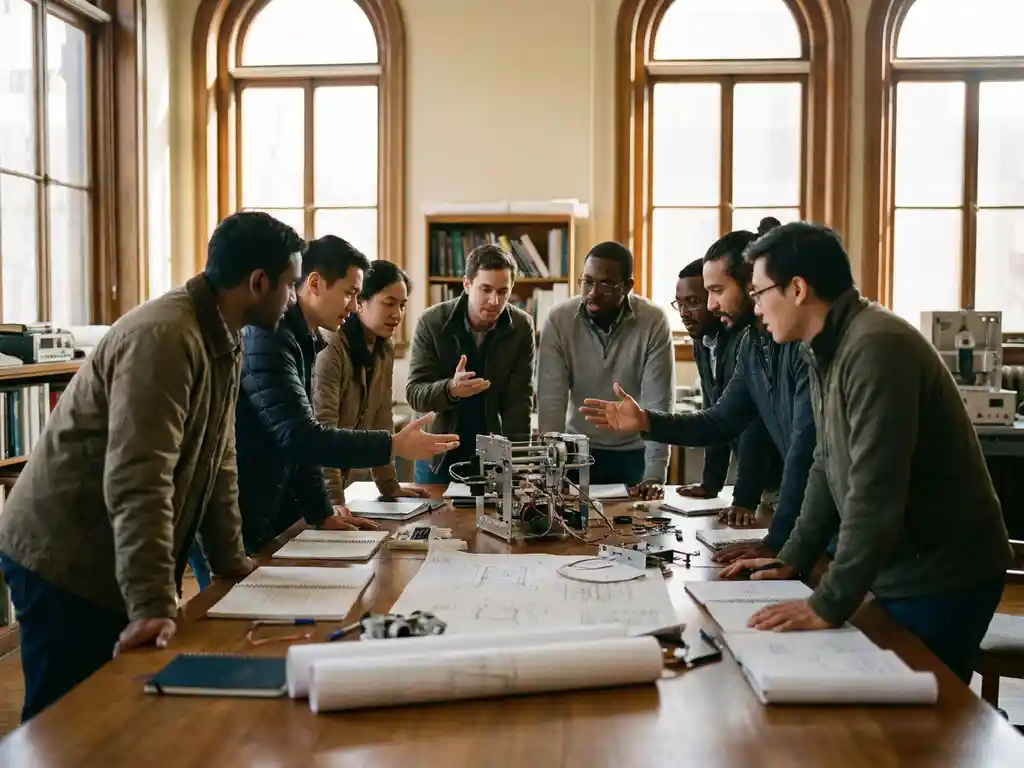 Diverse researchers and engineers collaborating around wooden conference table with mechanical prototypes and technical drawings in naturally lit meeting room