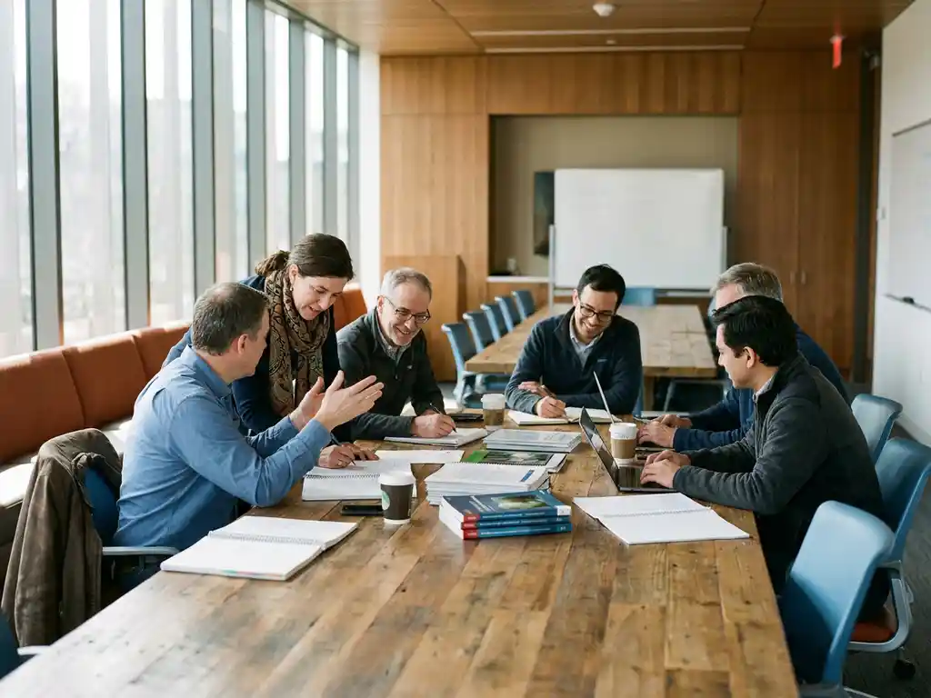 Diverse international researchers collaborating around conference table with scientific papers, animated discussion in modern meeting room with natural lighting