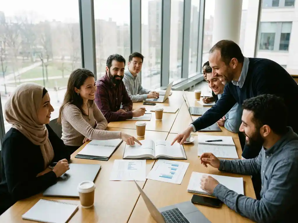 Diverse researchers collaborating around wooden conference table with open journals, laptops, and coffee cups in bright modern meeting room