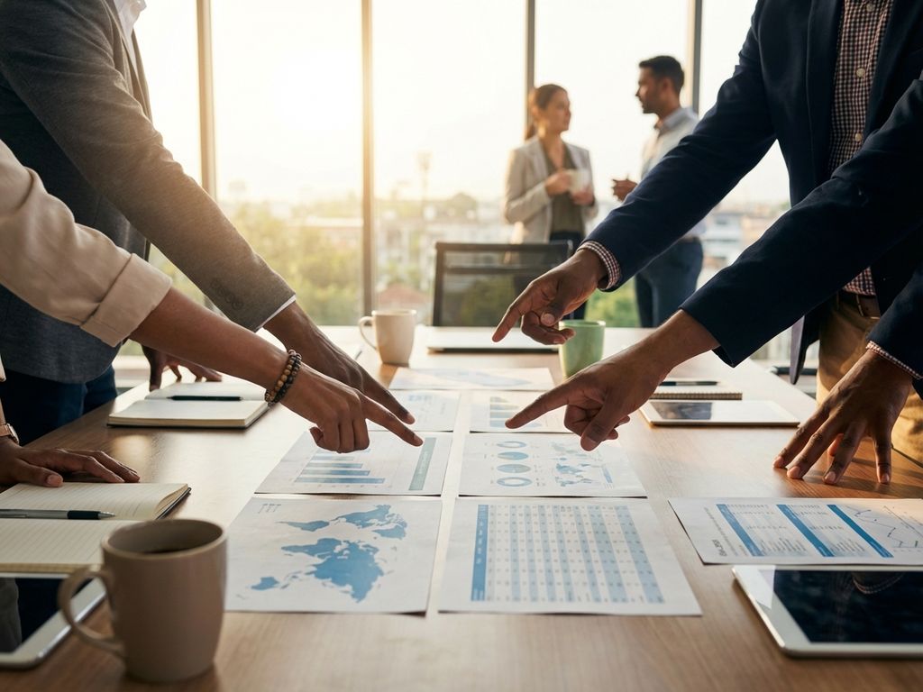 Diverse hands pointing to research documents with charts and graphs on wooden conference table during collaborative planning meeting.