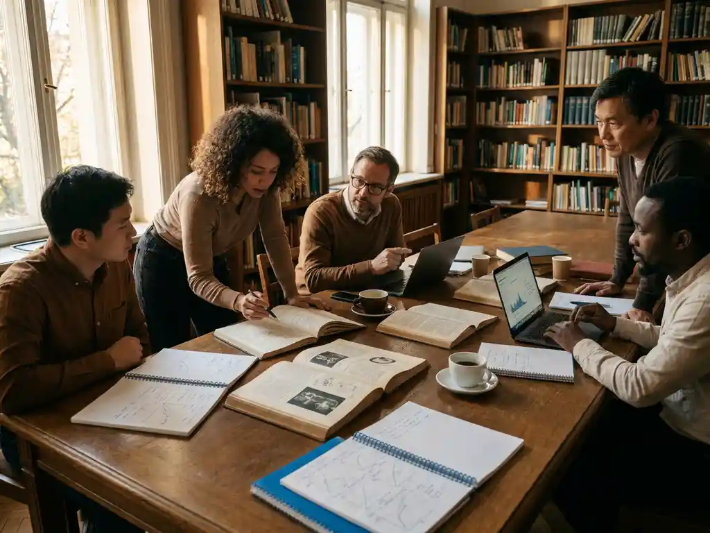 Diverse researchers collaborating around wooden conference table with scientific journals, laptops, and notes in warm natural light