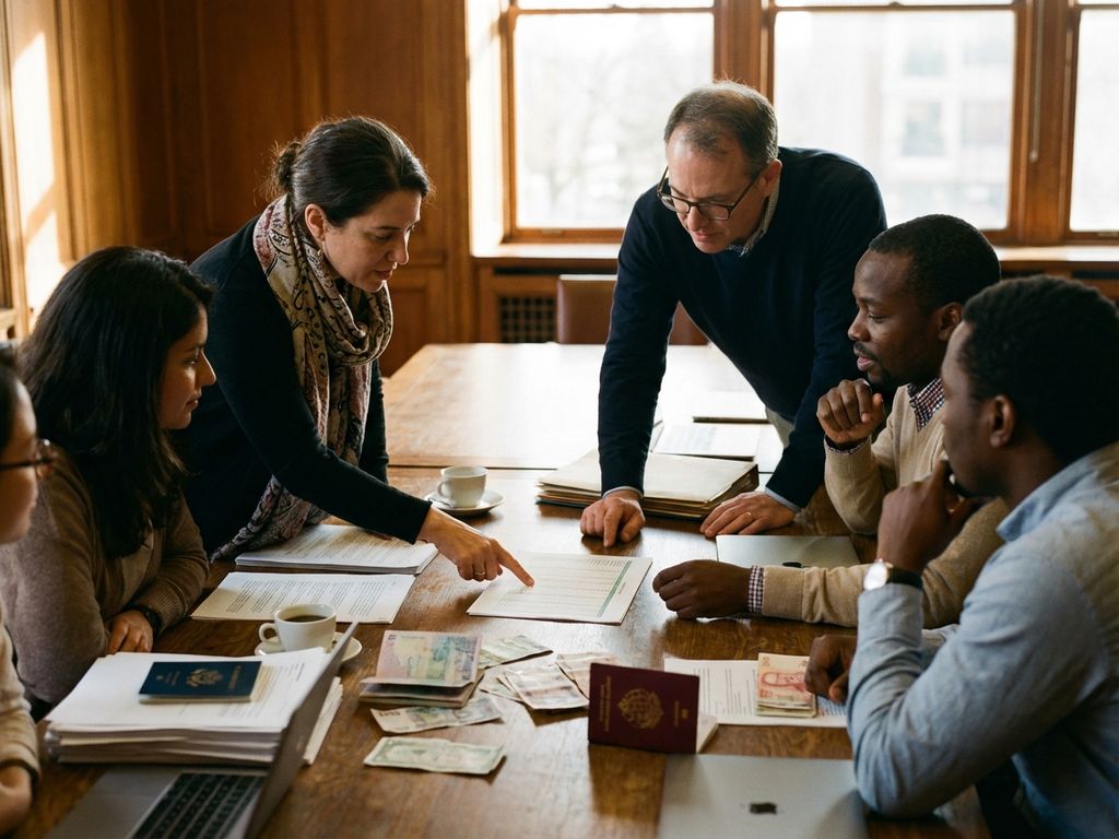 International researchers collaborating around conference table with budget documents, passports, and currency visible in natural office lighting.