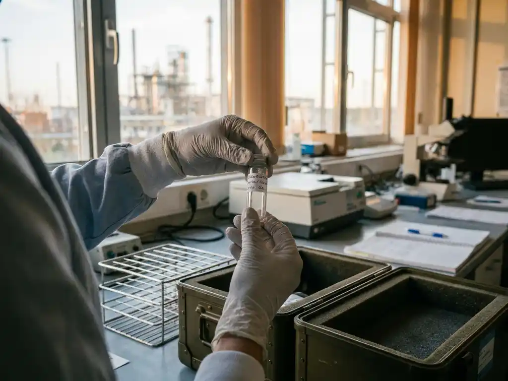 Researcher's hands transferring glass vial from laboratory rack to metal shipping container in naturally lit lab
