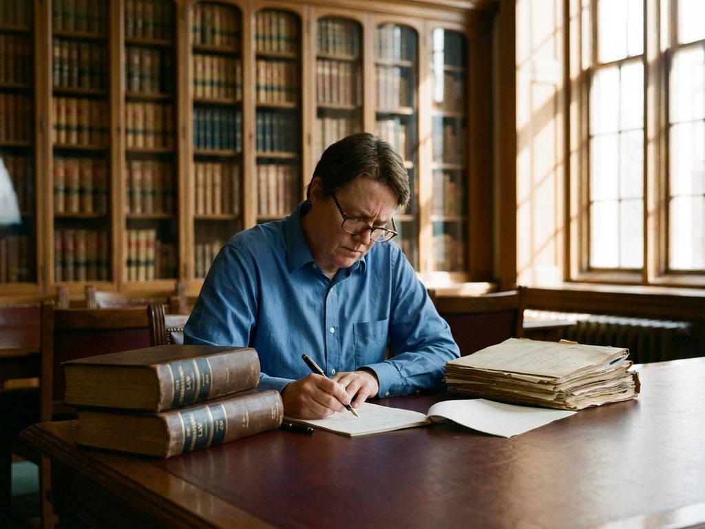 Legal researcher studying international law books and documents at library table with focused concentration.
