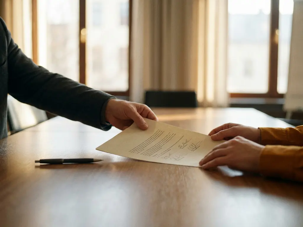 Researcher sliding a signed licensing agreement across a conference table toward waiting hands, with a pen resting nearby in warm natural light.