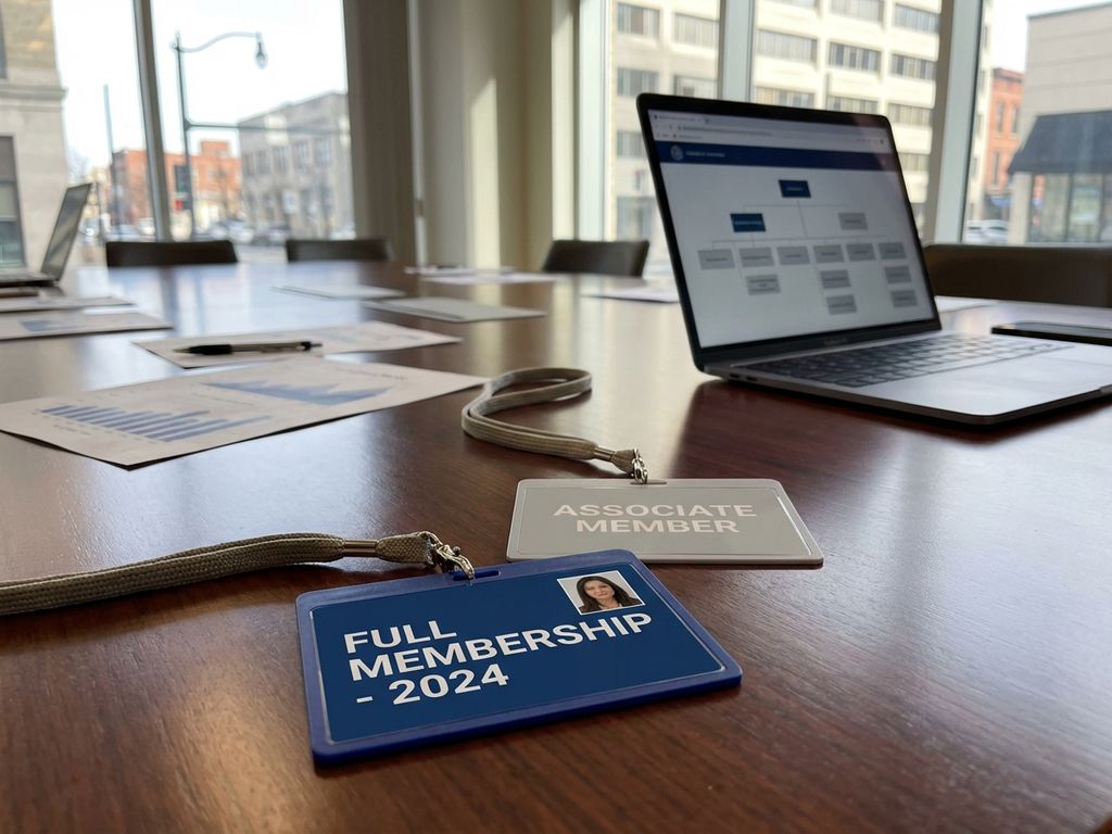 Two membership cards labeled "FULL" in blue and "ASSOCIATE" in gray on wooden conference table with laptop and documents