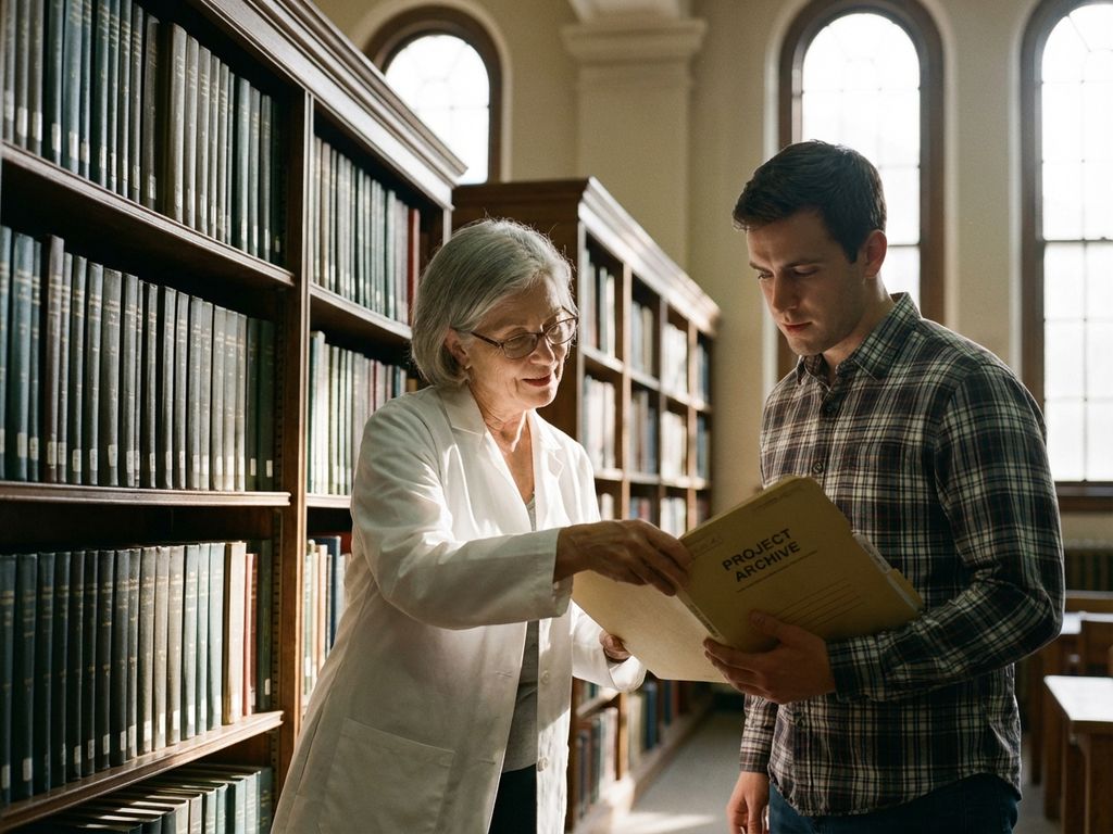 Senior researcher in white lab coat handing research folder to younger colleague in university library with bookshelves