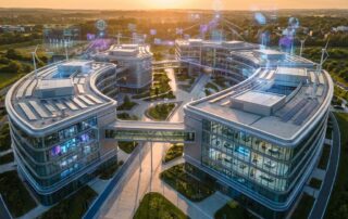 Leitat hosted WAITRO Cooperation for Development Online Workshop » WAITRO Modern research facility with glass buildings, holographic data streams, and solar panels during golden hour lighting.