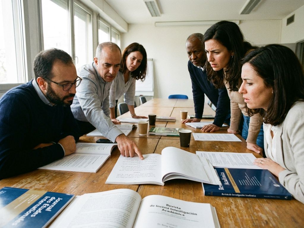 Diverse researchers examining multilingual academic papers at conference table, one person pointing to document while others lean in concentrating.