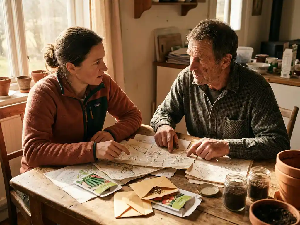 Nonprofit researcher and community elder reviewing hand-drawn project plans at a wooden table with seed packets and soil samples in warm afternoon light.