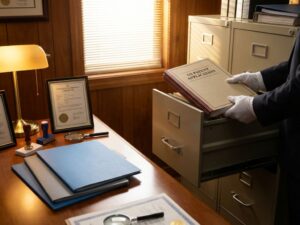 Professional researcher filing patent document in secure metal cabinet with legal folders and certificates on wooden desk