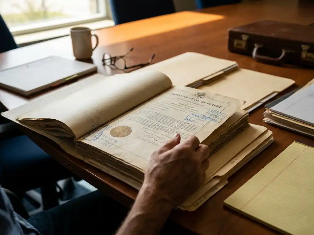 Researcher's hands examining patent document with official seals on wooden conference table surrounded by legal papers and folders