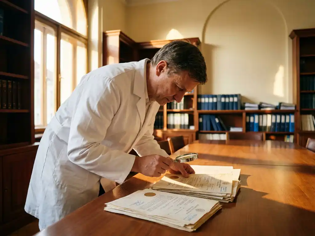 Research scientist in white lab coat examining patent documents with government seals on wooden conference table in sunlit office