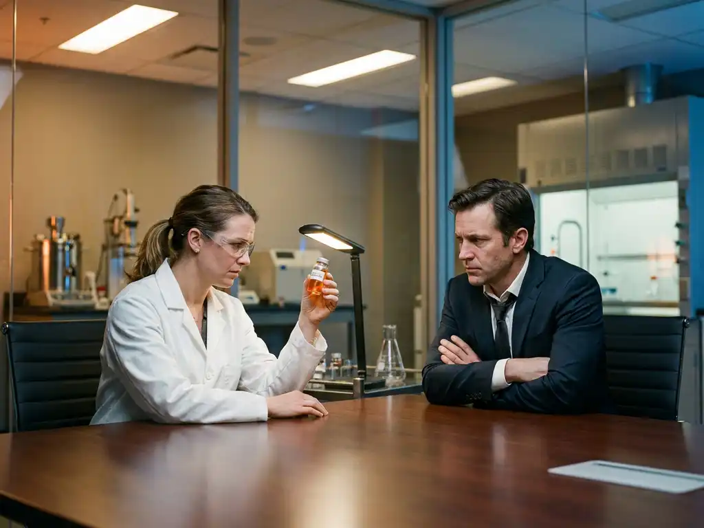 Researcher in white lab coat examining glass vial while business professional in dark suit watches tensely across conference table
