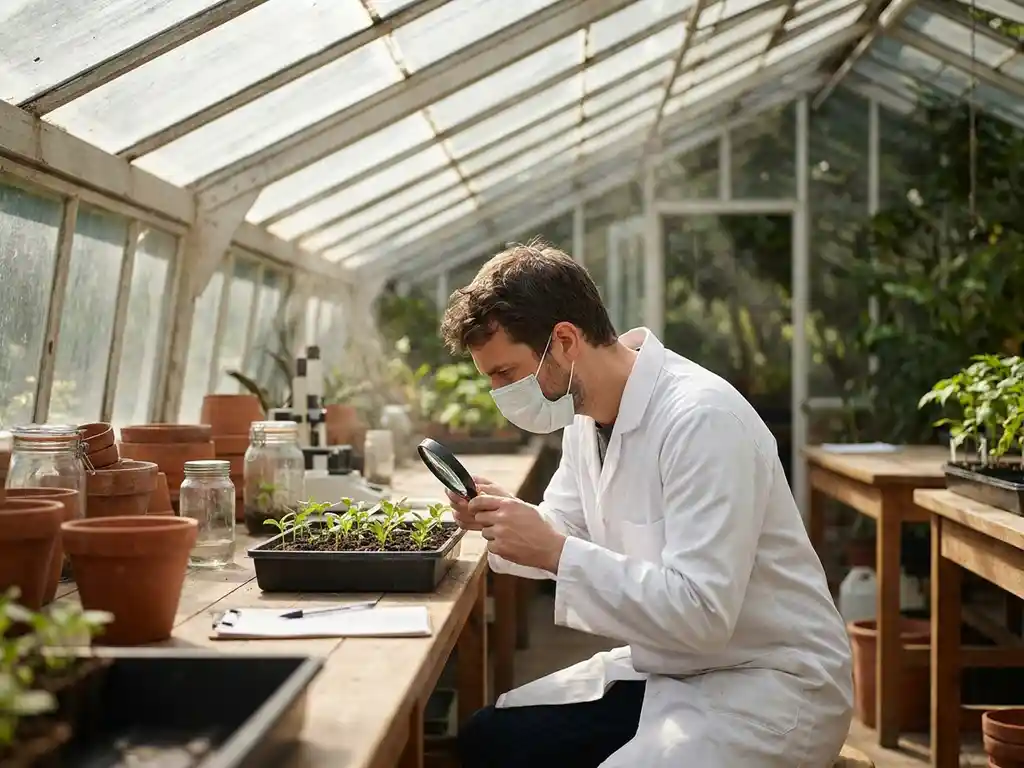 Researcher in white lab coat examining plant samples in bright greenhouse laboratory with seedlings and scientific equipment