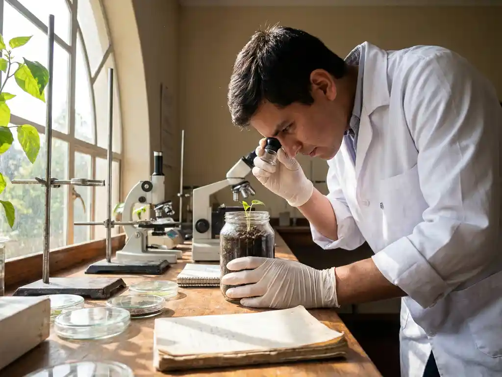 Researcher in white lab coat examining green seedling in glass container on laboratory bench with scientific equipment