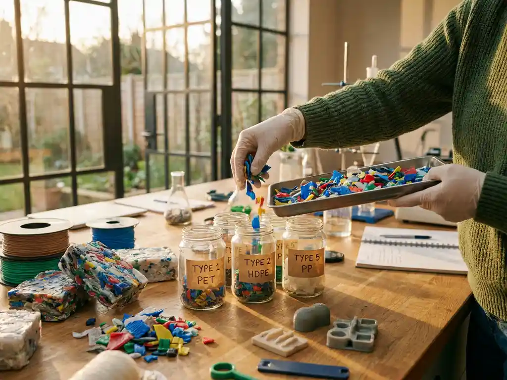 Researcher's hands sorting colorful plastic waste samples into labeled glass containers on laboratory bench with recycled materials nearby