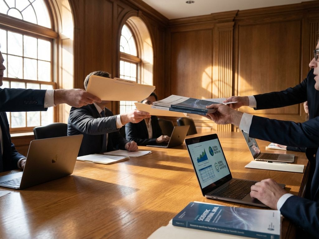 Diverse hands exchanging formal documents and research papers across wooden conference table with laptops and journals