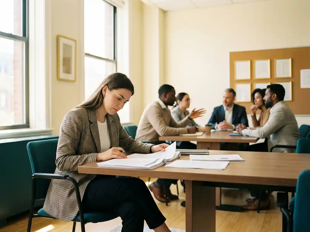 Young woman in professional attire reviewing printed research documents at a sunlit conference table with diverse colleagues collaborating in the background.