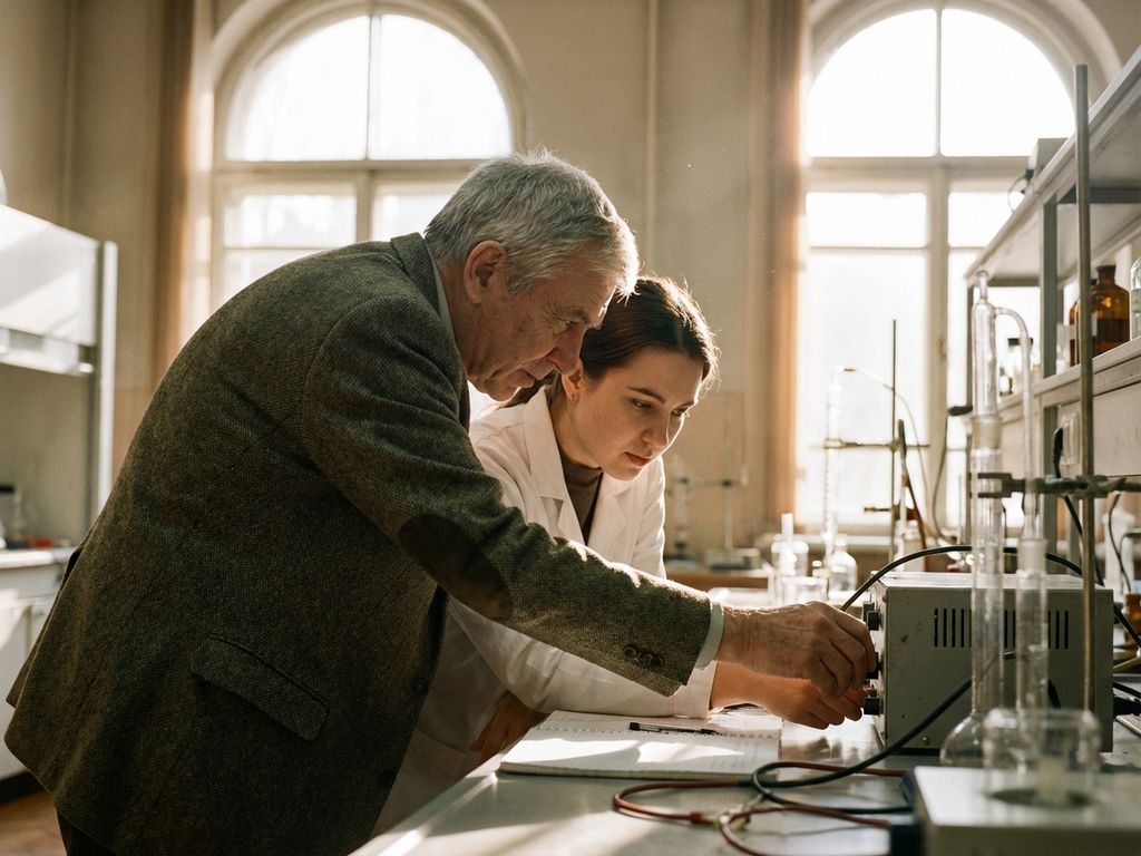 Research professor mentoring graduate student at laboratory bench, examining scientific equipment together in university lab
