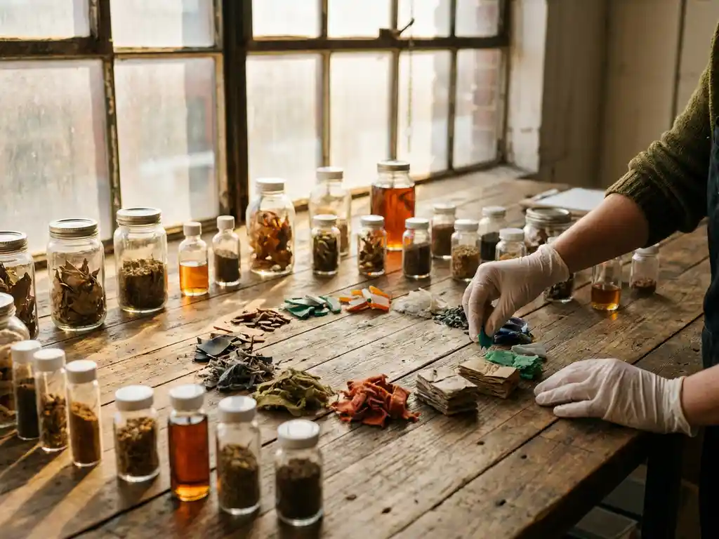 Researcher's hands arranging colorful recycled materials in circle on wood lab table with glass vials and natural sunlight