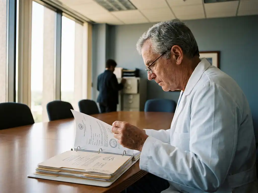 Senior researcher in white lab coat reviewing regulatory documents with official stamps at conference table, colleague consulting files in background.