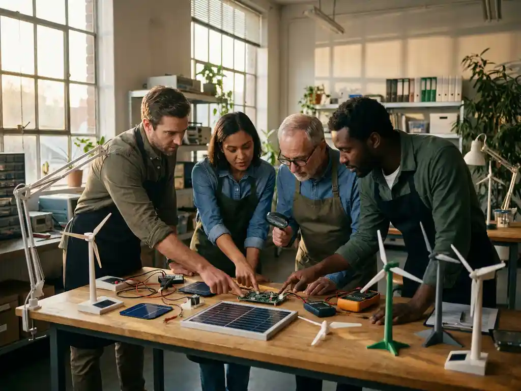 Diverse researchers collaborating over renewable energy prototypes including solar panels and wind turbine models on laboratory workbench