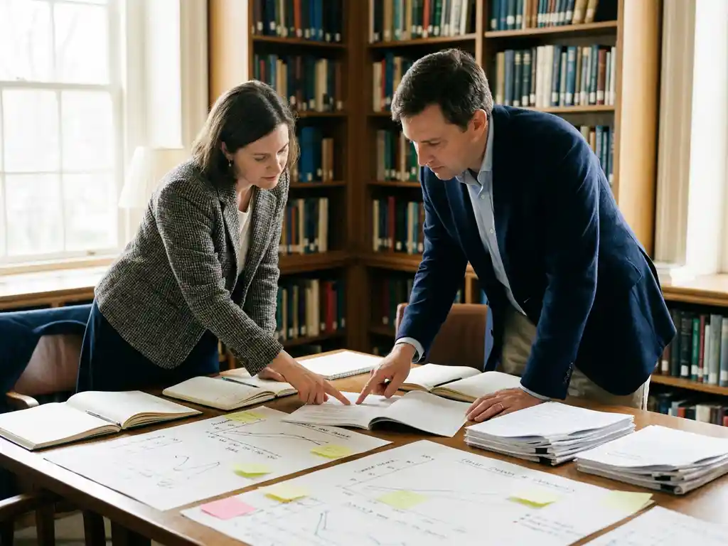 Researcher and business professional collaborating over annotated charts and reports on a wooden table in a warmly lit university meeting room.