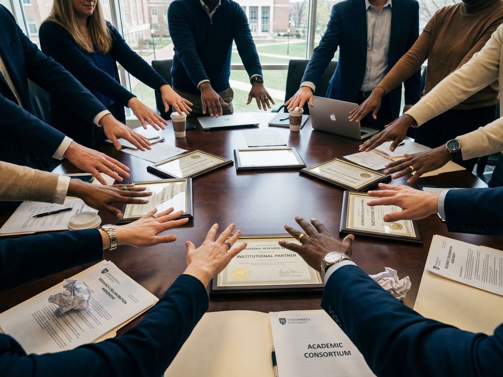 Diverse hands around wooden conference table with research documents and institutional certificates during academic collaboration meeting