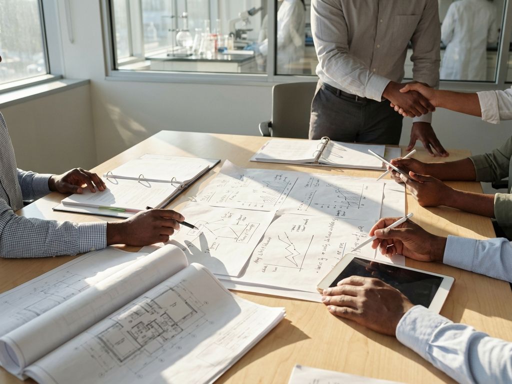Diverse professionals collaborating around conference table with research documents and blueprints in sunlit laboratory setting.