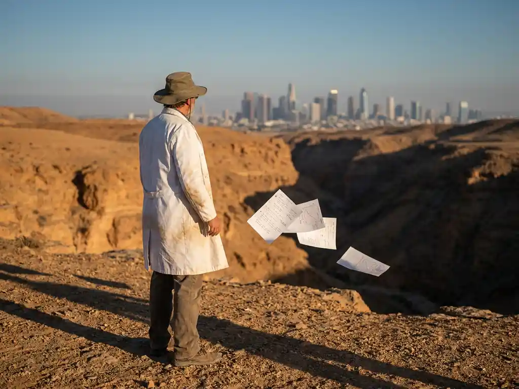 Scientist in white lab coat holds research papers at rocky canyon edge, gazing across vast gap toward distant modern city skyline