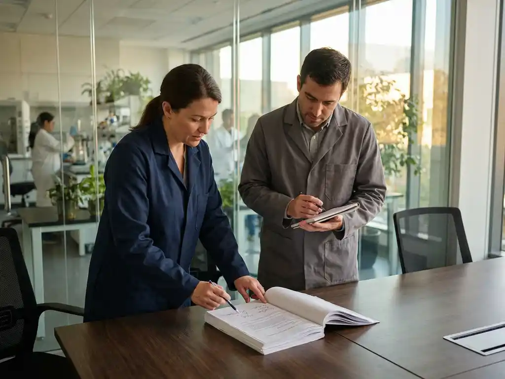 Two researchers in lab coats reviewing contract document at conference table, one pointing to clauses while other takes notes, modern research facility in background