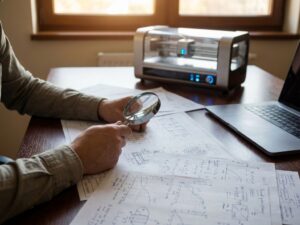 Researcher examining engineering blueprints and technical documents on wooden desk with prototype device in background