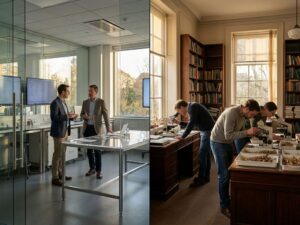 Split-screen showing modern corporate laboratory with glass partitions versus traditional academic research facility with wooden furniture and library shelves.