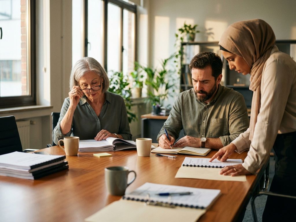 Three diverse research evaluators reviewing printed proposals at conference table with documents and coffee cups