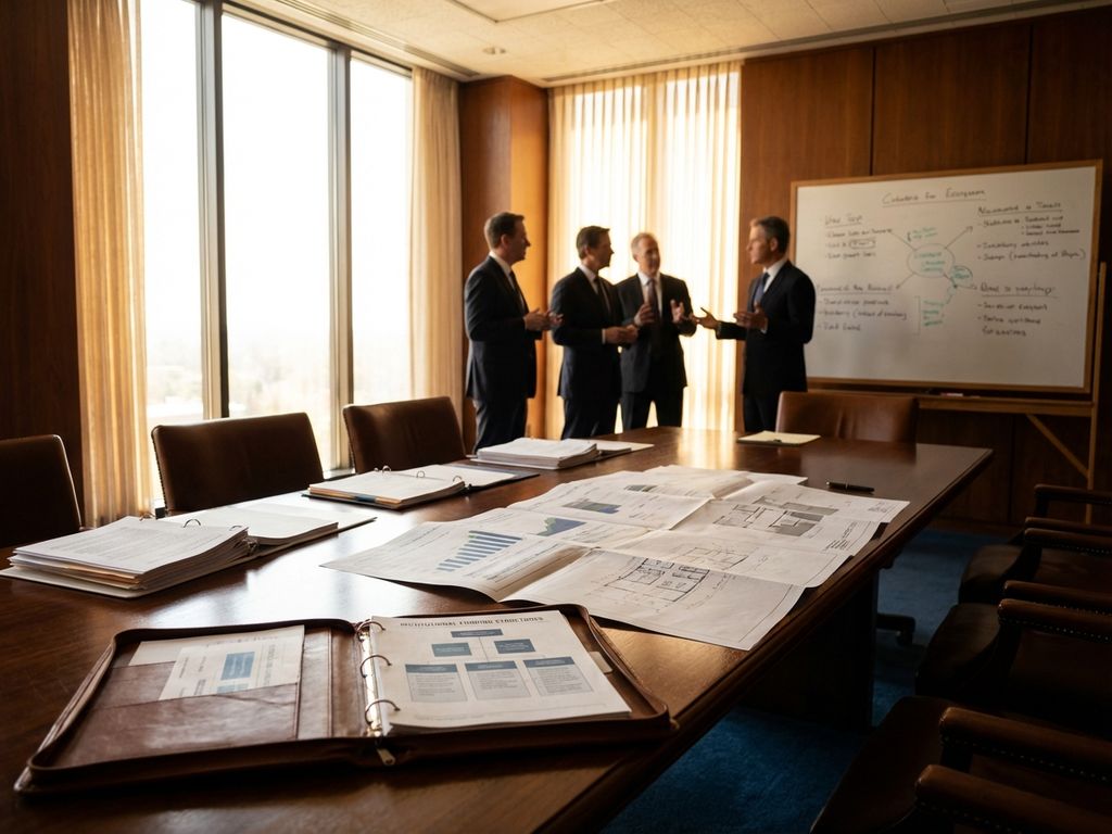 Business professionals discussing funding documents and charts in sunlit conference room with wooden table