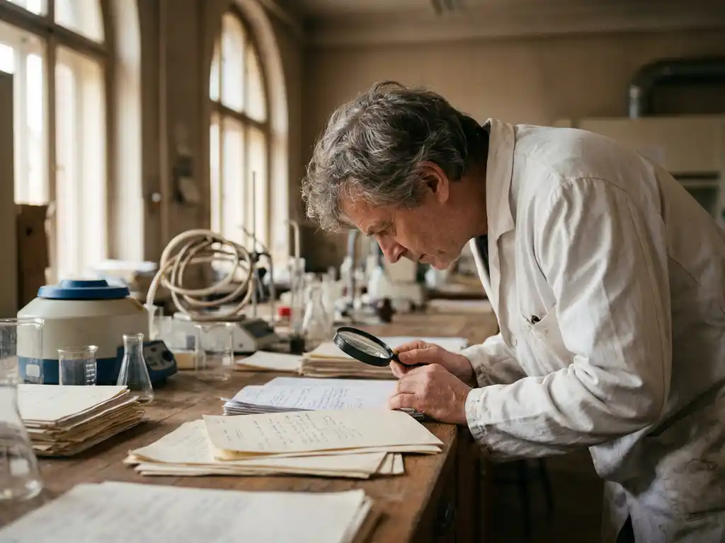 Researcher in white lab coat reviewing grant application documents on wooden laboratory bench with scientific equipment in background